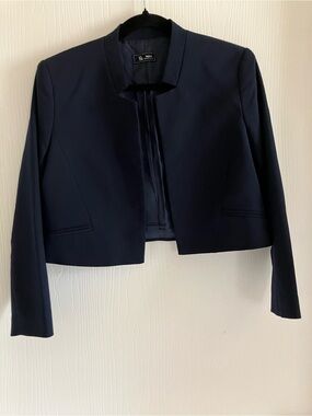 Cropped Navy Collarless Blazer - Women's Professional Jacket